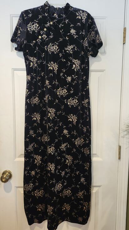 dressbarn Dresses & Skirts - VTG Dressbarn Black Velvet Cheongsam Qipao Dress Gold Floral 90s Y2K 14 #256